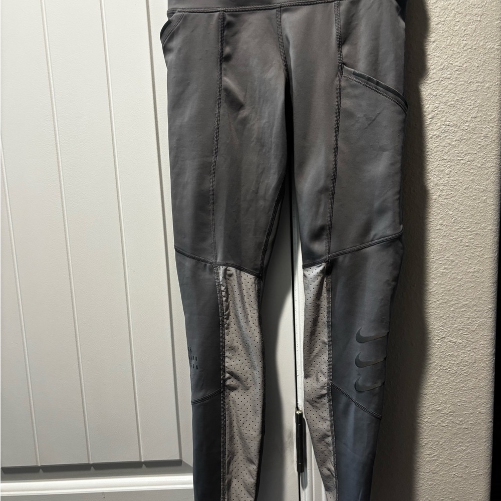 Nike Gray Dri-FIT Performance Leggings with Orange Drawcord Accent